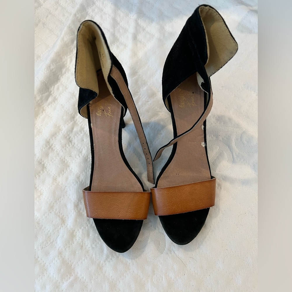 Farylrobin x Free People collab leather and suede heels, black and tan colors
